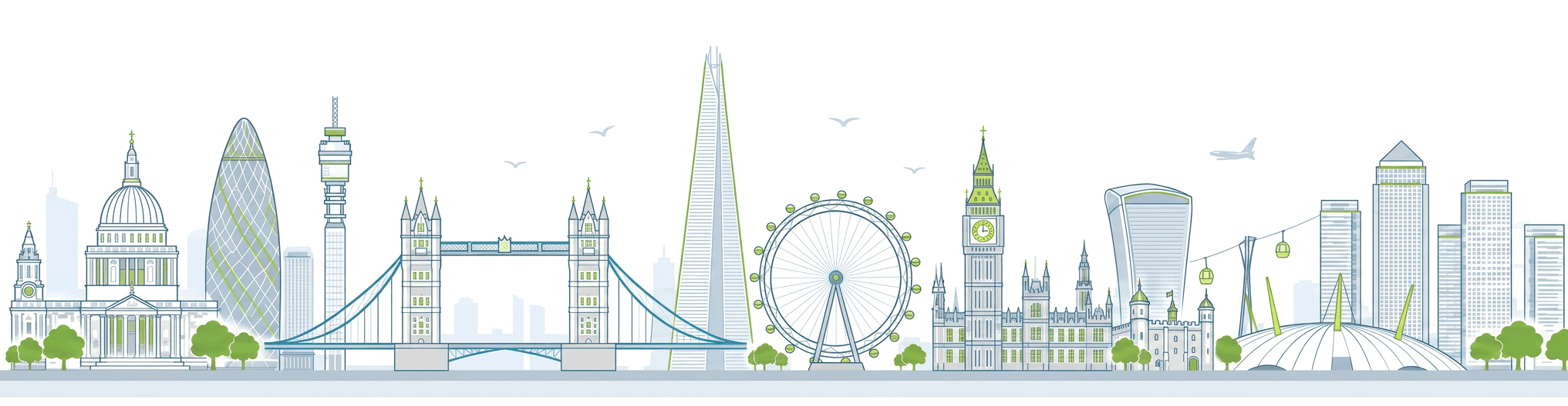 Illustrated London skyline including St Paul's Cathedral, Tower Bridge, The Shard, London Eye and Big Ben